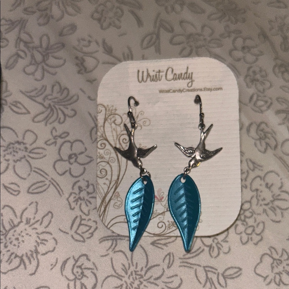 Blue Leaf and Bird Earrings